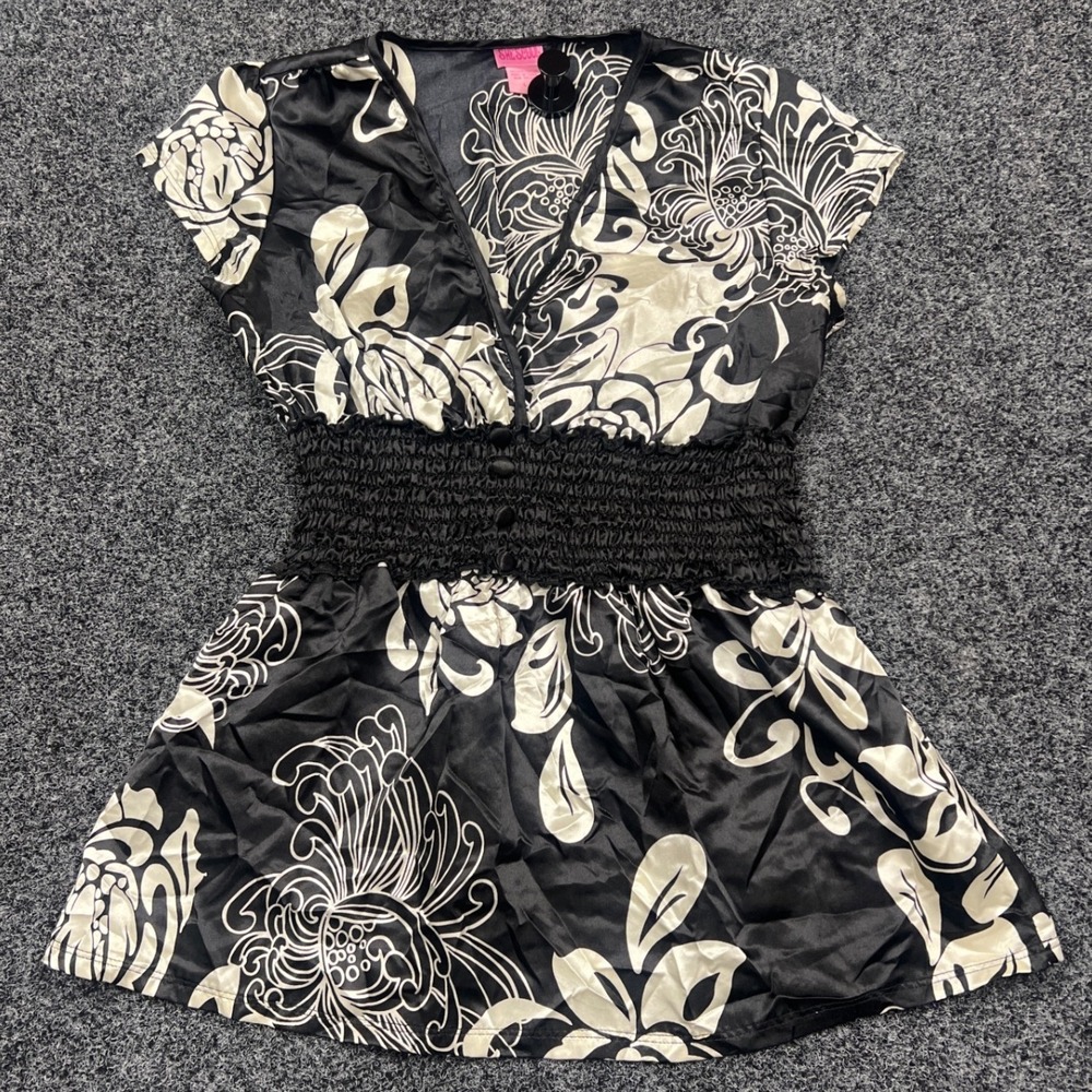 She's Cool Womens Black White Floral Satin Smocked Waist Tunic Top Large